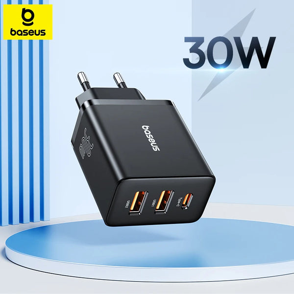 Baseus 30 واط شاحن USB QC3.0 PD3.0 نوع C PD شحن سريع 3 منافذ شاحن هاتف سريع آيفون 15 14 13Pro ماكس شاومي سامسونج